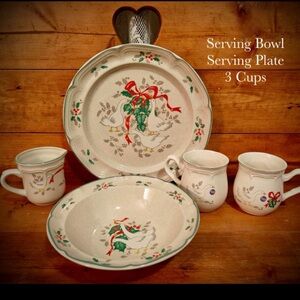 Festive Holiday Dinnerware Set - Cream with Red and Green Accents